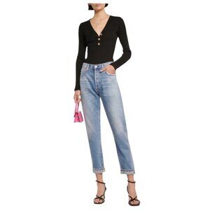 Scarlett Ribbed-Knit Sweater Black Long Sleeve V-Neck Ribbed Top